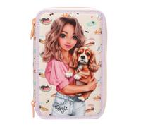 Depesche 14148 TOPModel Sunny Dog - Estuche Relleno de 3 Compartimentos en Amarillo Claro y Lila, Modelo con diseño de Perro y Divertido patrón de Perros, Estuche con lápices de Colores, Tijeras