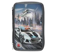 Depesche 13333 Monster Cars - Estuche Relleno de 3 Compartimentos en Gris, con Efecto LED y diseño de policía, Estuche con lápices de Colores, Tijeras, Regla, etc.