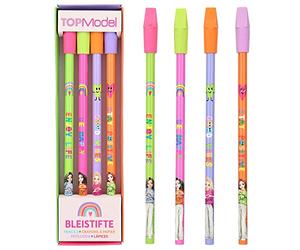 Depesche TopModel 12088 - Juego de 4 lápices en diseños de colores, dureza HB, incluye borrador de repuesto