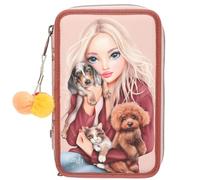 Depesche TOPModel Fur ever friends 13673 - Estuche de 3 compartimentos relleno en rosa y cobre, con motivo de modelo, perro y gato, estuche con lápices de colores, tijeras, regla y mucho más.