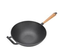Depisuta Partita de Hierro Fundido, Sartén de 11.8 Pulgadas con Mango de Madera, Utensilios de Cocina Chino de Lana de Fondo de Fondo Plano para Cocción de Inducción Estufa