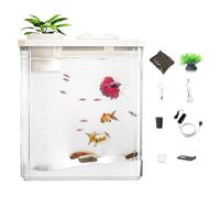 Depósito de acrílico para peces, pequeño acuario con bomba de aire y luz de atmósfera, moderno tanque compacto con flores artificiales para peces betta,