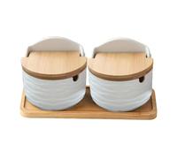 Depósito de sal de cerámica para encimeras - Tapa de cuchara de madera de bodega de sal de 8,98 pulgadas | Tarro de almacenamiento de especias, juego de platos Keeper Pinch para mesa de comedor