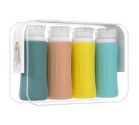 DEPOZA Juego de 4 recipientes de viaje para artículos de tocador, botellas de viaje de silicona aprobadas por la TSA, a prueba de fugas, con etiqueta, sin BPA para champú, acondicionador, loción,