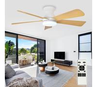 Depuley Ventilador de techo moderno con luz: Ventiladores pequeños blancos de 42 pulgadas para dormitorio - Ventiladores de techo empotrable regulables con mando a distancia 5 aspas blancas invertidas