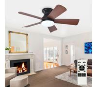Depuley Ventilador de techo moderno con luz: Ventiladores pequeños negros de 35 pulgadas para dormitorio - Ventiladores de techo empotrable regulables con mando a distancia 5 aspas de nogal invertido