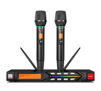 Depusheng Micrófono inalámbrico R7 equipado con dos micrófonos portátiles dinámicos y receptor, con un rango de recepción de 80 metros, adecuado para escenarios de conciertos de karaoke