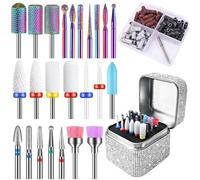 Depvko Juego de 25 brocas para uñas con estuche plateado y 50 bandas de lijado, 3/32'' fresas torno para uñas herramienta para quitar cutículas carburo diamante cerámica para esmalte de uñas, salón
