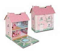 DEQUBE- Casa de muñecas de Madera portatil - Casita de Juguete de 2 Pisos con buhardilla y jardín con Asas para Transportar fácilmente- Incluye 7 Accesorios de Juego - Tamaño 39X34,5X18 (913D00017)