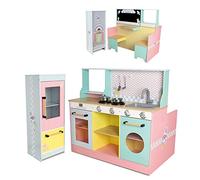 DEQUBE -Cocina Restaurante de Madera 4 módulos 2 en 1 con luz y Sonido -con Todo lo Necesario de una Cocina y de un Restaurante con Asientos y Mesa -con Accesorios metálicos - 90X81X82 cm (913D00015)