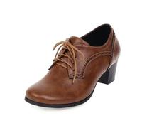 Derbies - Zapatos de tacón con cordones, punta cuadrada redondeada, parte superior cerrada con detalles perforados, de piel, estilo retro británico | oficina, salida, primavera otoño, exterior, diario