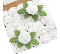 DerBlue 60pcs Artificial Roses Flowers with stem and 10pcs green leaves Real Looking Fake Roses Artificial Foam Roses Decoration DIY for Wed