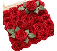 DerBlue 60pcs Artificial Roses Flowers with stem and 10pcs green leaves Real Looking Fake Roses Artificial Foam Roses Decoration DIY for Wed