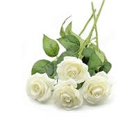 Derbway 4pcs Rosas Artificiales Flor de Seda, Tallo único Rosa Falso Ramo de Flores Real Toque para Fiestas, Bodas, Casas, decoración del Hotel (Blanco)
