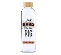 DEREGALOOS Botella de Cristal Personalizable con Frases Inspiradoras. 500ml con Tapón de Bambú. Diseño Motivador para Oficina Gimnasio Regalos Especiales. (Frase - Work Hard Dream Big)