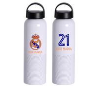 DEREGALOOS Botella Real Madrid Personalizada con Nombre y Número. Producto con Licencia Oficial. Capacidad 0,6 L Aluminio Reutilizable. Regalo Ideal para Aficionados al Fútbol (Blanco)