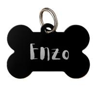 DEREGALOOS Chapa Identificativa Mascotas Personalizada Grabada 2 Caras. Forma de Hueso. Placa para Perros Gatos. Elige Forma, Color y Tamaño. Aluminio Ligero. Ideal para Collar o Arnés (Negro, XL)