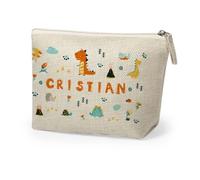 DEREGALOOS Neceser Infantil Personalizado con Nombre. Poliéster Beige Suave con Cremallera. Diseño con Dinosaurios Divertidos y Nombre Infantil. Organizador Ligero para Aseo Juguetes Viajes