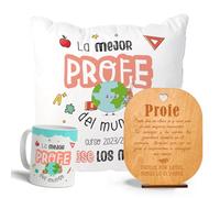 DEREGALOOS Pack Hogar Personalizado para Profesores y Maestros. Regalo Fin de Curso 2025/2026. Incluye Placa de Madera, Cojín y Taza. Detalle Original. (La mejor profe del mundo)