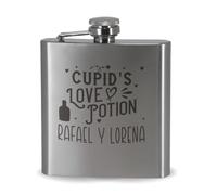 DEREGALOOS Petaca Personalizada con Grabado Laser. 9 Diseños a Elegir. Frases Divertidas, Romántico, Iniciales o Nombres. Regalo Elegante con Vasos y Embudo (Love Potion)