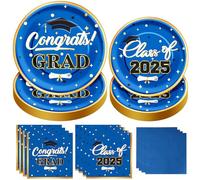 Dereinwo 200 platos y servilletas de Graudtion 2025 con papel de aluminio dorado, suministros de fiesta de graduación, platos azules y dorados, servilletas de almuerzo, servilletas de cóctel para
