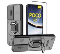 DERHAN Funda para Poco F7 / Poco F7 5G, Funda Resistente con Cristal Templado + Cubre Cámara [Protección de Cámara], Carcasa Antigolpes Bumper con Soporte - Negro