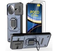 DERHAN Funda para Poco F7 Pro 5G, Funda Resistente con Cristal Templado [2 Piezas] + Cubre Cámara [Protección de Cámara], Carcasa Antigolpes Bumper con Soporte - Azul