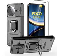 DERHAN Funda para Poco F7 Pro 5G, Funda Resistente con Cristal Templado [2 Piezas] + Cubre Cámara [Protección de Cámara], Carcasa Antigolpes Bumper con Soporte - Negro