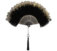 DERJDISF 1920s Abanico Plumas, Flor Bordada Estilo Vintage Abanico, Folding Handheld Feather Fan, Abanico de Pluma de Marabú para Halloween Bailando Show Tea Party Boda Costume Decoración - Black