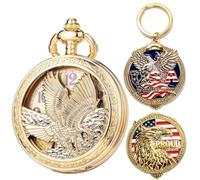 DerMacht Reloj de bolsillo con cadena de gran tamaño de 50 mm, patrón de águila hueca, 3D, aniversario, hecho a mano, accesorios de recuerdo, cuarzo, oro, bronce, halcón, Navidad, día de San Valentín