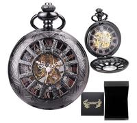 DerMacht Reloj de bolsillo mecánico, para hombres y mujeres, números romanos Half Hunter con cadena, color negro