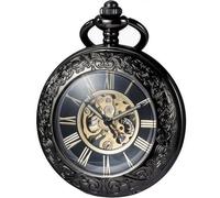 DerMacht Reloj mecánico de bolsillo negro, para hombres y mujeres, lupa especial, medio cazador, caja grabada, números romanos con cadena