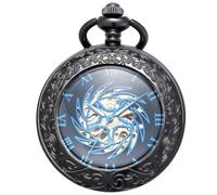 DerMacht Reloj mecánico de bolsillo serie Sun-God-Bird negro, para hombres y mujeres, lupa especial, medio cazador, caja grabada, números romanos con cadena