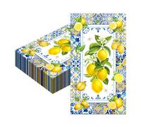 Dermalyx 40 Servilletas, Toallas De Papel Desechables con Diseño De Limones, Patrón De Azulejos Azules Estilo Mediterráneo, Tema Verano Limonada De Citrón, Fiesta De Cump