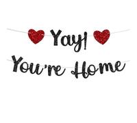 Dermalyx Schwarz Glitzer Banner de Bienvenida a Casa Yay Estás en Casa Banner Bienvenido de Nuevo Inauguración Fiesta de Regreso Militar Decoración de Fiesta No