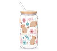 Dermalyx Vaso de Vidrio de 470ML con Tapa y Pajita, diseño de Capibara y Flores, Vaso para Bebidas con temática Animal para café, Leche, Jugo, Vaso para Smoothies, Copa
