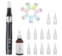 Dermapen Dermapen ajustable con microneedling - Derma pen 0-2,5 mm, microagujas, Derma Roller y suero de vitamina C de 30 ml, suero con 20% vitamina C (incluye 12 cartuchos de cabeza)