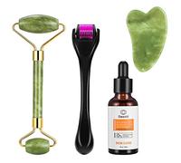 Dermaroller, Derma Roller, Jade Roller con sérum de ácido hialurónico y Gua Sha - Juego de cuidado antiedad con rodillo facial - Masaje contra arrugas y manchas de la edad - Masajeador