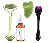 Dermaroller, microneedling - Jade Roller, Jade Roller para rostro, rodillo de jade y gua Sha Set, y el mejor suero con vitamina C para el rostro contiene ácido hialurónico hidratante 4 en 1