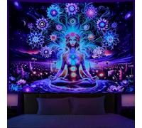 Dermijer Blacklight - Tapiz de meditación de siete chakras, tapiz de flores chakras, tapiz de galaxia, planeta espacial, tapiz de loto reactivo a los rayos UV, para colgar en la pared para decoración