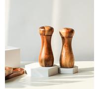DeroTeno Juego de Molinillos de Sal y Pimienta con Bandeja, Juego de 2 Molinillos de Sal y Pimienta con mecanismo cerámico de molienda, de Madera de Acacia, Altura 15,5 cm, Diámetro 6 cm