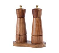 DeroTeno Juego de Molinillos de Sal y Pimienta con Bandeja, molinillo de sal de cerámica ajustable, molinillo de pimienta de acero inoxidable, madera de acacia, 16,5cm de altura, diámetro inferior 5cm