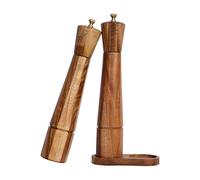 DeroTeno Juego de Molinillos de Sal y Pimienta con Bandeja, molinillo de sal de cerámica ajustable, molinillo de pimienta de acero inoxidable, madera de acacia, 32 cm de altura, diámetro inferior 6 cm