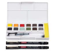 Derwent 2305866 - Set de Pintura Line & Wash con 12 Acuarelas y 2 Rotuladores de Punta Fina, Rotuladores con Plumillas Japonesas de 0,3 mm y 0,8 mm, Ideal para Esbozos Urbanos y Arte Exterior