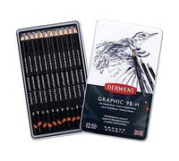 Derwent 34215 - Caja Metálica Con 12 Lápices De Grafito Blandos Graphic, Grados De 6B A 9B, Textura Suave Para Sombras Y Capas, Mina Duradera Y Fácil De Aficlar