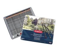 Derwent 700803 - Set de 24 Lápices Acuarelables con Grafito y Pigmento, Colores Suaves y Tonos Tierra, Núcleo Soluble de 4 mm, Barril Redondo, Incluye Estuche Metálico