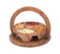 Derwrtup Cesta de fruta de madera con asa, plato de fruta tallado en madera hecho a mano,Bandeja plegable para servir refrigerios dividida con 4 particiones - de para dulces, frutas y frutos