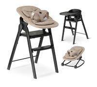 Deryan Trona Evolutiva Bebé Set 5 en 1 Multifunción - Hamaquita, Torre de Aprendizaje, Silla - desde Nacimiento 0m+ -Plegable y Ergonómica Madera Haya - Arnés con protector - Negro con asiento hamaca