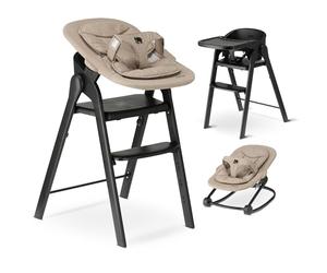 Deryan Trona Evolutiva Bebé Set 5 en 1 Multifunción - Hamaquita, Torre de Aprendizaje, Silla - desde Nacimiento 0m+ -Plegable y Ergonómica Madera Haya - Arnés con protector - Negro con asiento hamaca