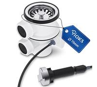 Desagüe de fregadero con colador, válvula excéntrica, 70 mm, 1 1/2 pulgadas, con cierre excéntrico giratorio mediante cable Bowden + dos salidas laterales de 25 mm para rebosadero y lavadora/lavadora